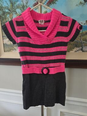 Girls' Pink & Gray Striped Knit Dress with Belt